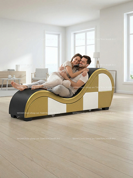 Дизайнерское кресло для секса и отдыха Тантра 188см (The Tantra Chair), (Экокожа, Черно-золотое, велюр матовый)